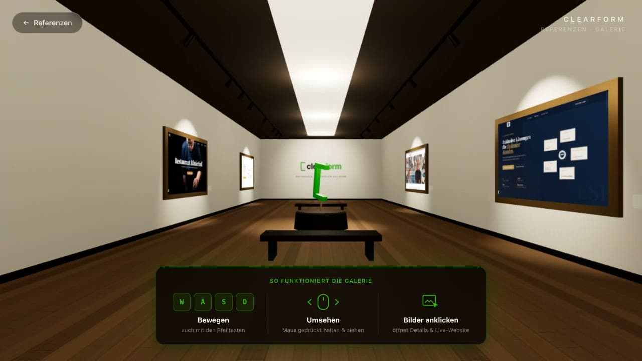 Blick in die virtuelle 3D-Galerie von Clearform: Museumskorridor mit Projekten in Goldrahmen und Steuerungs-Tutorial