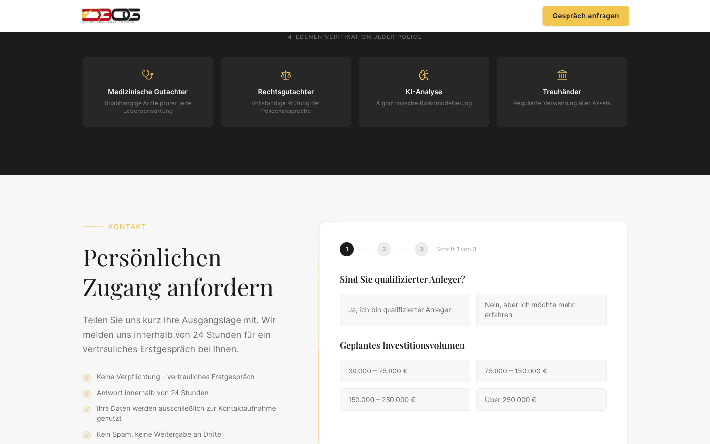 Mehrstufiges Kontaktformular zur Vorqualifizierung von Anlegern