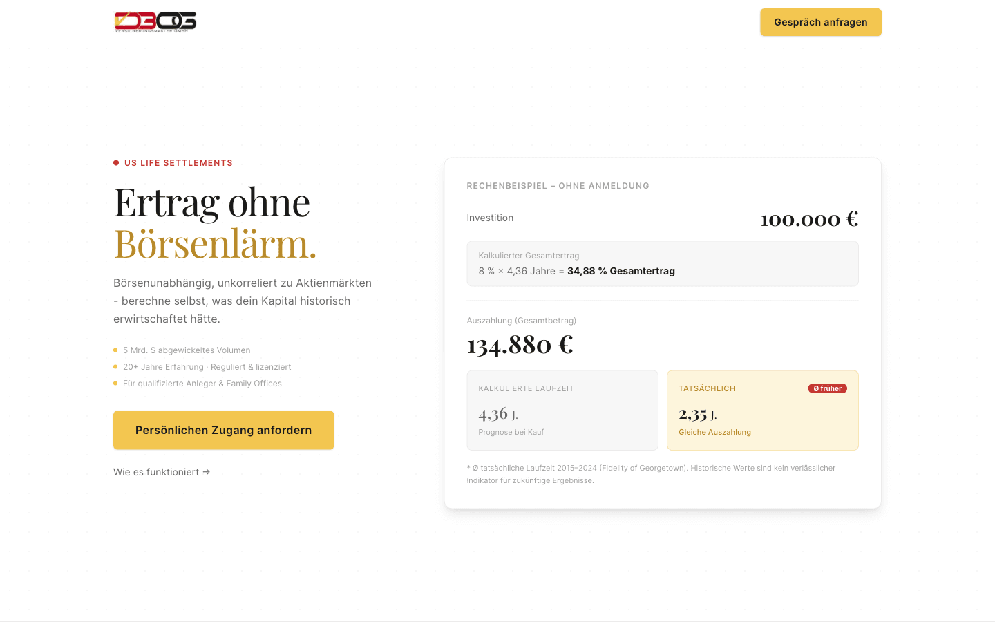 Hero der DBOG Landingpage mit Rechenbeispiel für US Life Settlements