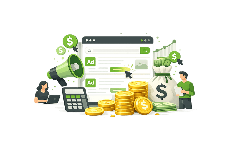 Abstrakte Vektor-Illustration zu Google Ads Kosten mit einer Suchergebnisseite, Werbeanzeigen, Münzen, Geldsack, Taschenrechner und Diagrammen, die Werbebudget, Klickkosten und die wirtschaftliche Planung von Suchmaschinenwerbung symbolisieren.