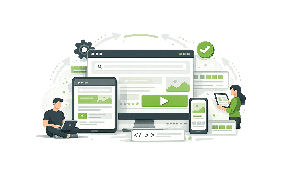 Abstrakte Vektor-Illustration zu Responsive Webdesign mit Desktop, Tablet und Smartphone, die dieselbe Website in unterschiedlichen Bildschirmgrößen darstellen. Ergänzt durch UI-Elemente, Code-Symbole und zwei Personen, die die geräteübergreifende Optimierung einer Website symbolisieren.