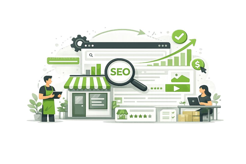 Abstrakte Vektor-Illustration zu SEO für kleine Unternehmen mit einem Ladengeschäft, Suchoberfläche, Lupe, Diagrammen, Bewertungen und zwei Personen, die die Verbesserung der Sichtbarkeit und des organischen Wachstums eines lokalen Unternehmens symbolisieren.