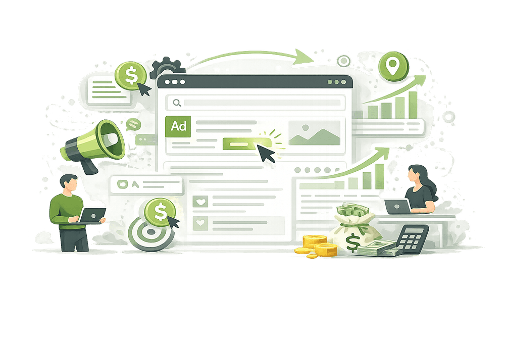 Abstrakte Vektor-Illustration zu SEA (Search Engine Advertising) mit einer Suchoberfläche, hervorgehobenen Werbeanzeigen, Megafon, Diagrammen, Zielscheibe und Budgetsymbolen sowie zwei Personen, die die Planung und Optimierung bezahlter Suchmaschinenwerbung symbolisieren.