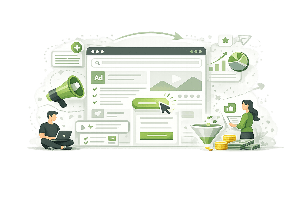Abstrakte Vektor-Illustration einer Landingpage mit großem Browserfenster, hervorgehobenem Call-to-Action-Button, Conversion-Funnel, Diagrammen und zwei Personen, die den Aufbau und die Conversion-Optimierung einer zielgerichteten Marketingseite symbolisieren.