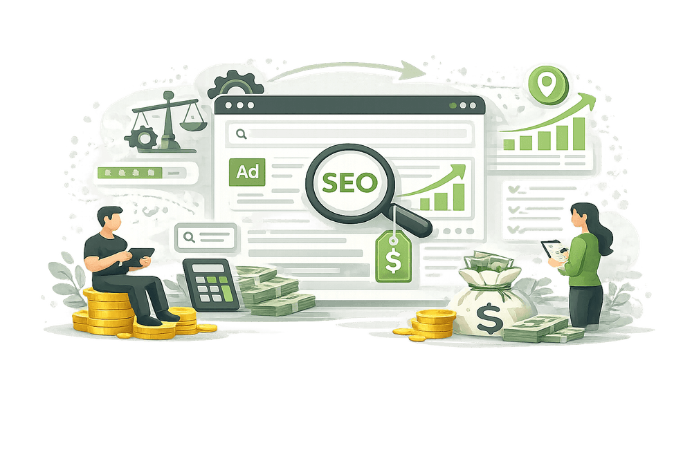 Abstrakte Vektor-Illustration zu den Kosten von SEO mit einer Suchoberfläche, Lupe, Diagrammen, Preisschild, Geldsymbolen, Taschenrechner und zwei Personen, die die Budgetplanung und den wirtschaftlichen Aufwand einer Suchmaschinenoptimierung symbolisieren.