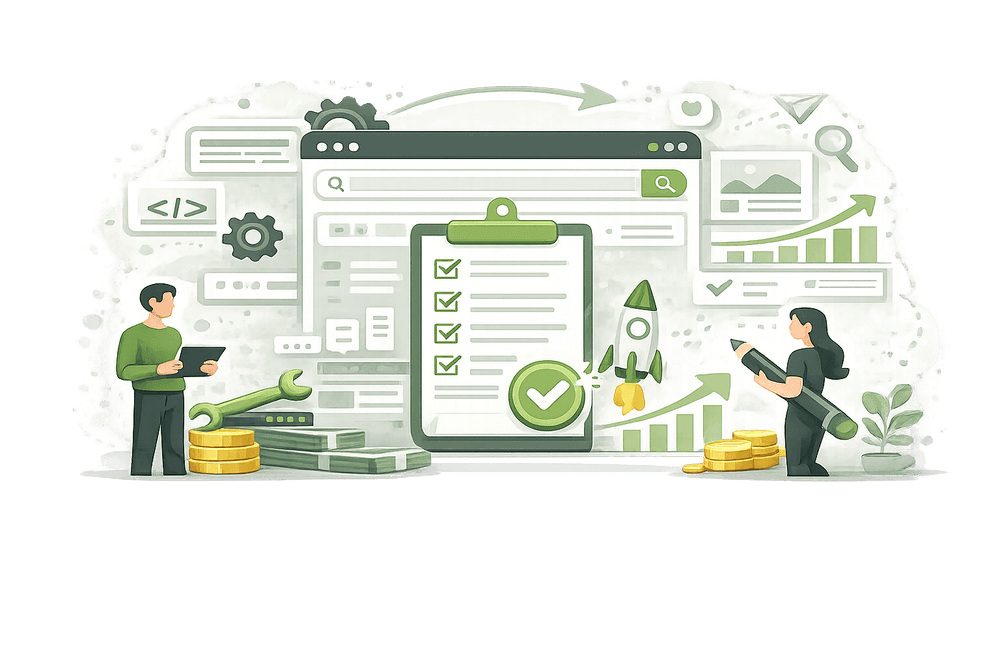Abstrakte Vektor-Illustration zu einer Website-Relaunch-Checkliste mit Browserfenster, Checkliste, Rakete, Werkzeug, Diagrammen und zwei Personen, die die strukturierte Planung, technische Optimierung und den erfolgreichen Neustart einer Website symbolisieren.