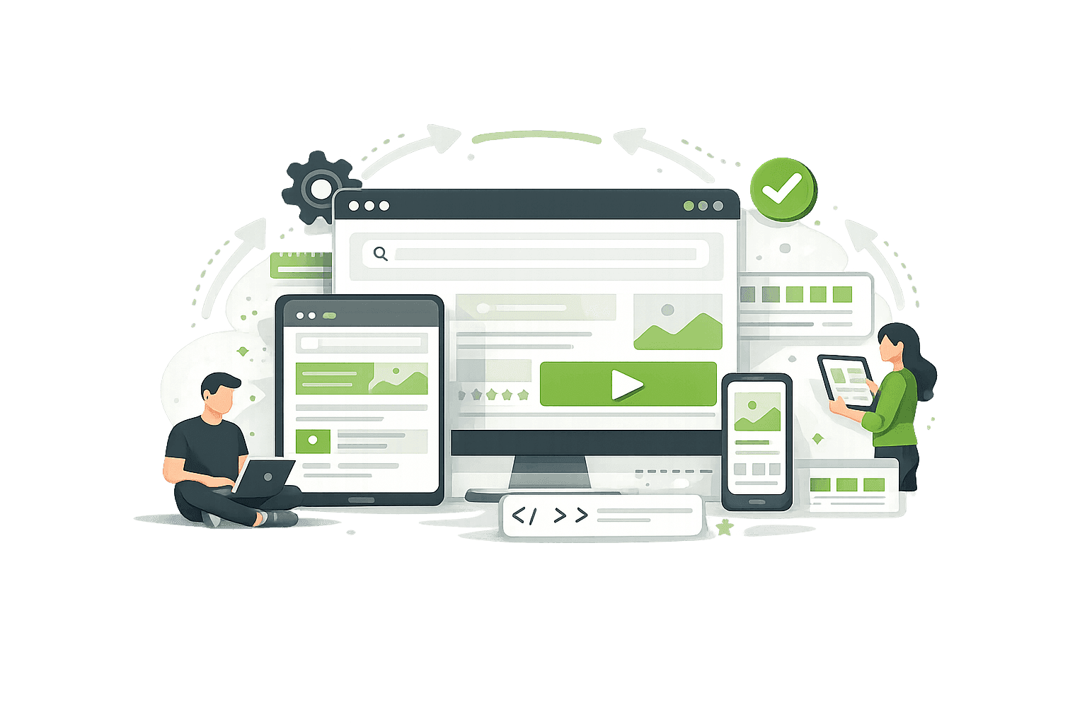 Abstrakte Vektor-Illustration zu Responsive Webdesign mit Desktop, Tablet und Smartphone, die dieselbe Website in unterschiedlichen Bildschirmgrößen darstellen. Ergänzt durch UI-Elemente, Code-Symbole und zwei Personen, die die geräteübergreifende Optimierung einer Website symbolisieren.