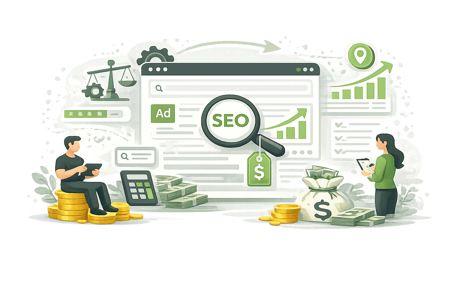 Abstrakte Vektor-Illustration zu den Kosten von SEO mit einer Suchoberfläche, Lupe, Diagrammen, Preisschild, Geldsymbolen, Taschenrechner und zwei Personen, die die Budgetplanung und den wirtschaftlichen Aufwand einer Suchmaschinenoptimierung symbolisieren.
