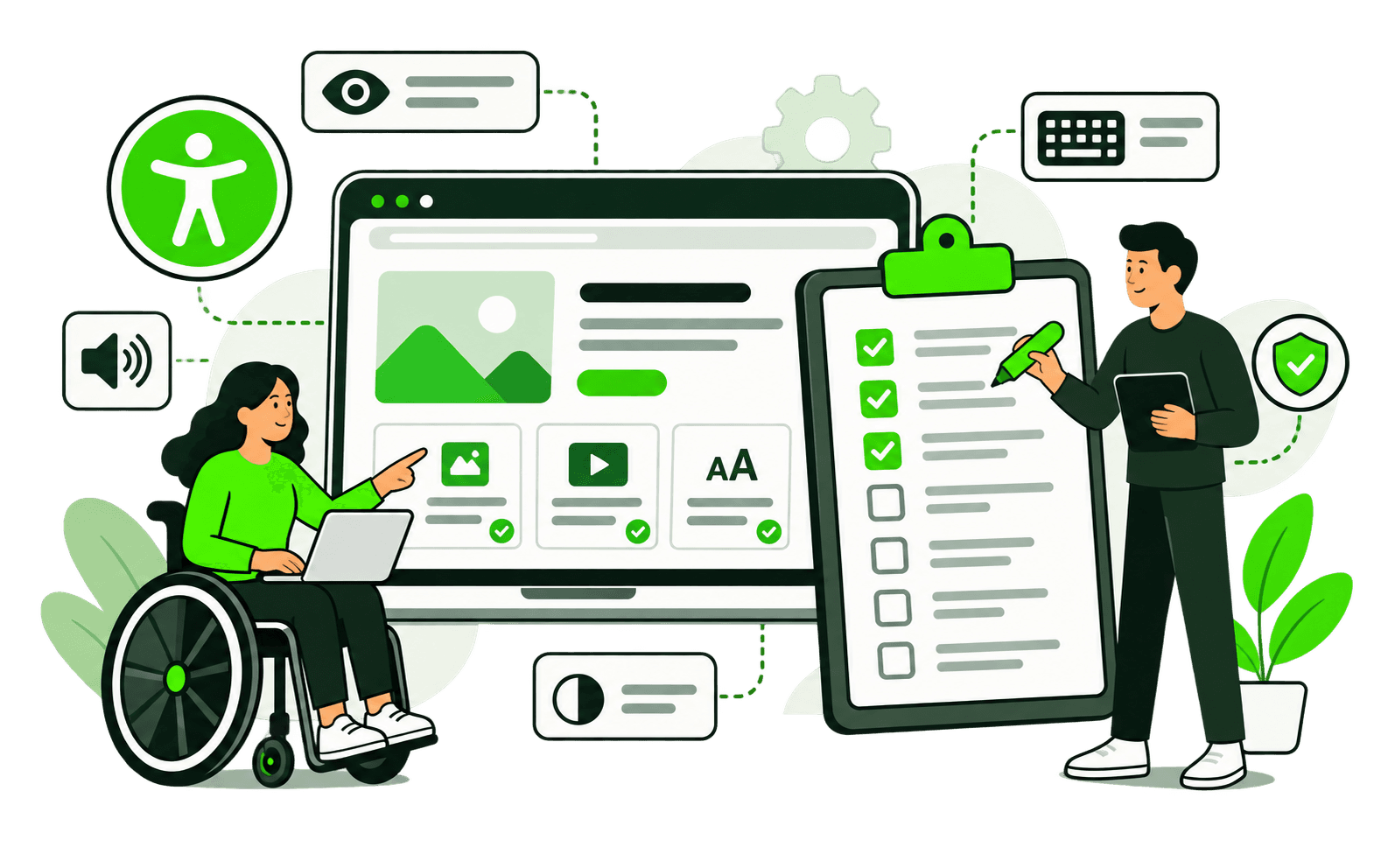 Illustration zur Barrierefreiheit im Web mit einer Website, einer Checkliste, Accessibility-Symbolen und zwei Personen, darunter eine Rollstuhlfahrerin.