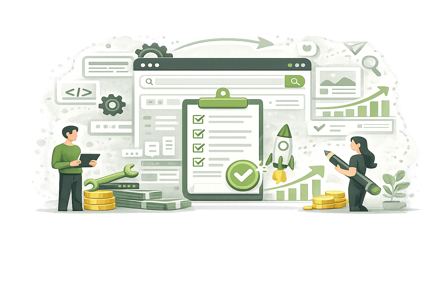 Abstrakte Vektor-Illustration zu einer Website-Relaunch-Checkliste mit Browserfenster, Checkliste, Rakete, Werkzeug, Diagrammen und zwei Personen, die die strukturierte Planung, technische Optimierung und den erfolgreichen Neustart einer Website symbolisieren.