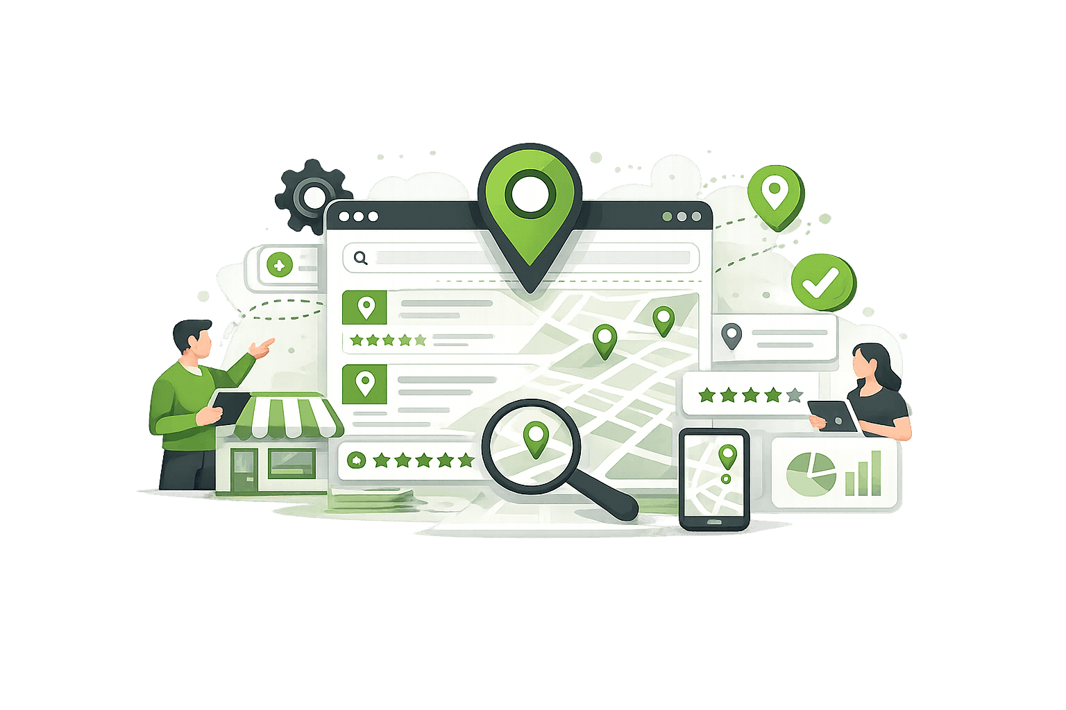 Abstrakte Vektor-Illustration zu Local SEO mit einer digitalen Karte, Standortmarkierungen, Suchoberfläche, Lupe, Unternehmensprofilen, Bewertungen und Diagrammen, die die lokale Auffindbarkeit von Unternehmen in Suchmaschinen symbolisieren.