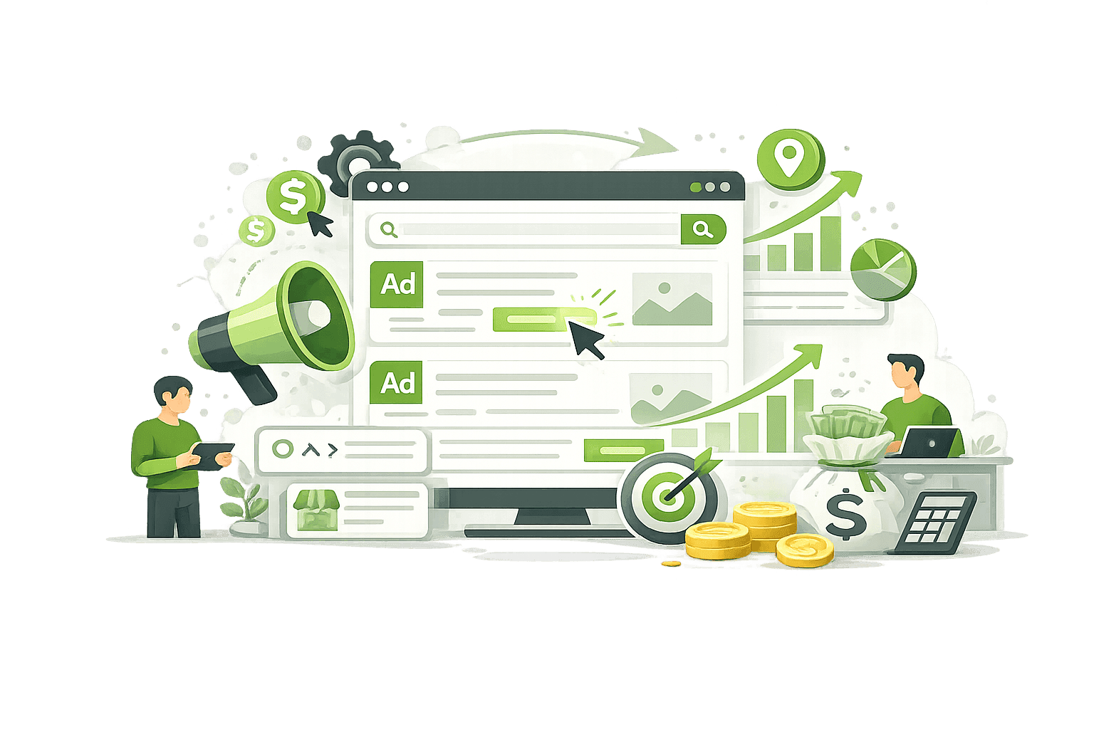 Abstrakte Vektor-Illustration zum Suchmaschinenmarketing mit einer Suchoberfläche, Werbeanzeigen, Diagrammen, Zielscheibe, Megafon und Budgetsymbolen sowie zwei Personen, die die Kombination aus Suchmaschinenoptimierung und bezahlter Suchmaschinenwerbung symbolisieren.