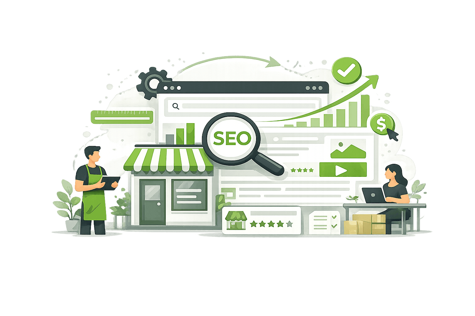 Abstrakte Vektor-Illustration zu SEO für kleine Unternehmen mit einem Ladengeschäft, Suchoberfläche, Lupe, Diagrammen, Bewertungen und zwei Personen, die die Verbesserung der Sichtbarkeit und des organischen Wachstums eines lokalen Unternehmens symbolisieren.