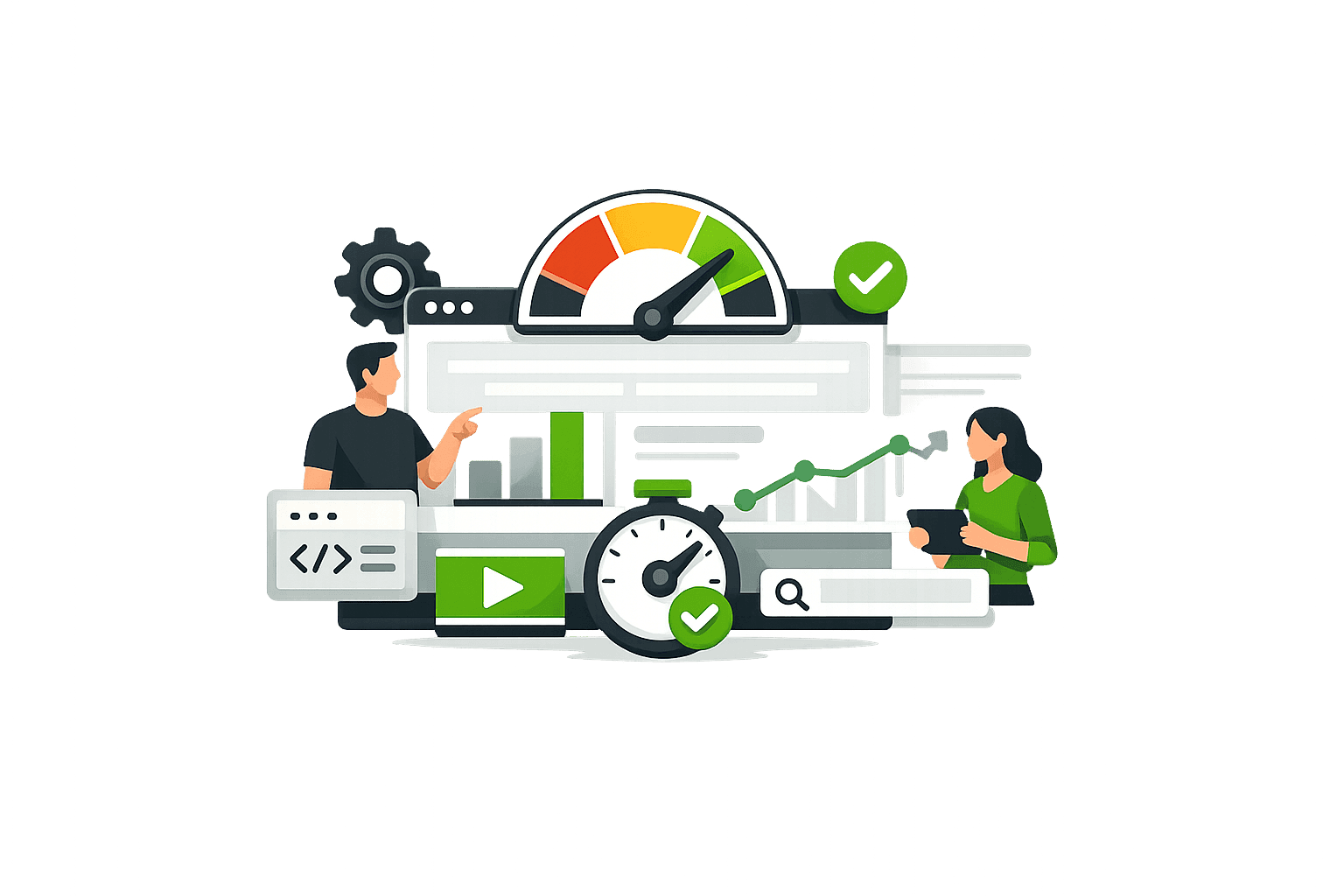 Abstrakte Vektor-Illustration zu Core Web Vitals mit einem Browserfenster, Performance-Tacho, Diagrammen, Code-Elementen und zwei Personen, die die Optimierung von Ladegeschwindigkeit, Stabilität und Nutzererlebnis einer Website symbolisieren.