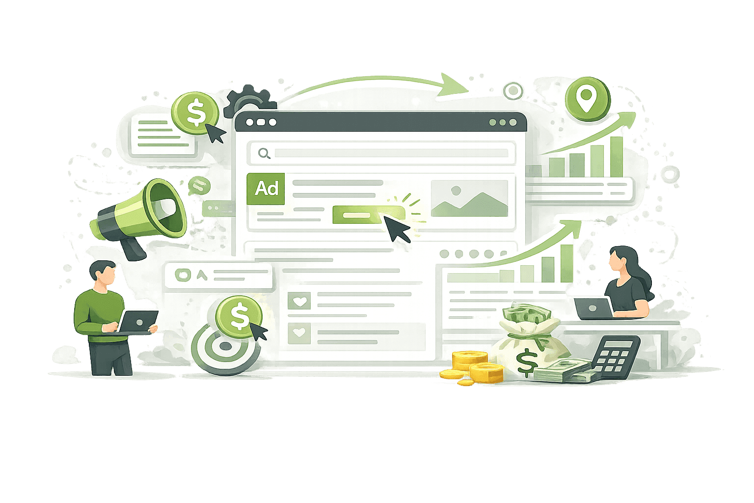 Abstrakte Vektor-Illustration zu SEA (Search Engine Advertising) mit einer Suchoberfläche, hervorgehobenen Werbeanzeigen, Megafon, Diagrammen, Zielscheibe und Budgetsymbolen sowie zwei Personen, die die Planung und Optimierung bezahlter Suchmaschinenwerbung symbolisieren.
