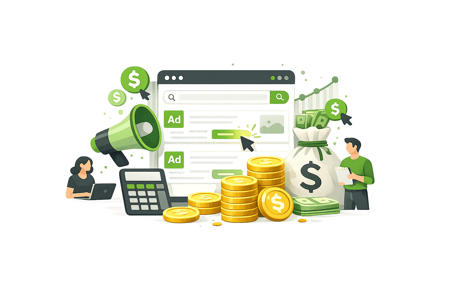 Abstrakte Vektor-Illustration zu Google Ads Kosten mit einer Suchergebnisseite, Werbeanzeigen, Münzen, Geldsack, Taschenrechner und Diagrammen, die Werbebudget, Klickkosten und die wirtschaftliche Planung von Suchmaschinenwerbung symbolisieren.