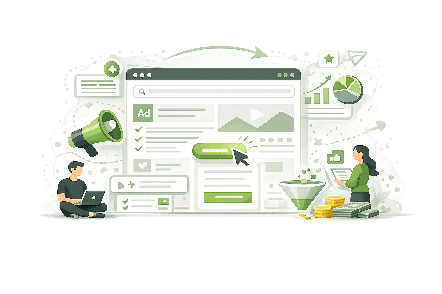 Abstrakte Vektor-Illustration einer Landingpage mit großem Browserfenster, hervorgehobenem Call-to-Action-Button, Conversion-Funnel, Diagrammen und zwei Personen, die den Aufbau und die Conversion-Optimierung einer zielgerichteten Marketingseite symbolisieren.